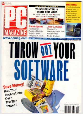 Cover of PC Magazine with the headline "Throw Out Yur Software: Save Money! Run Your Applications Over The Web Instead".