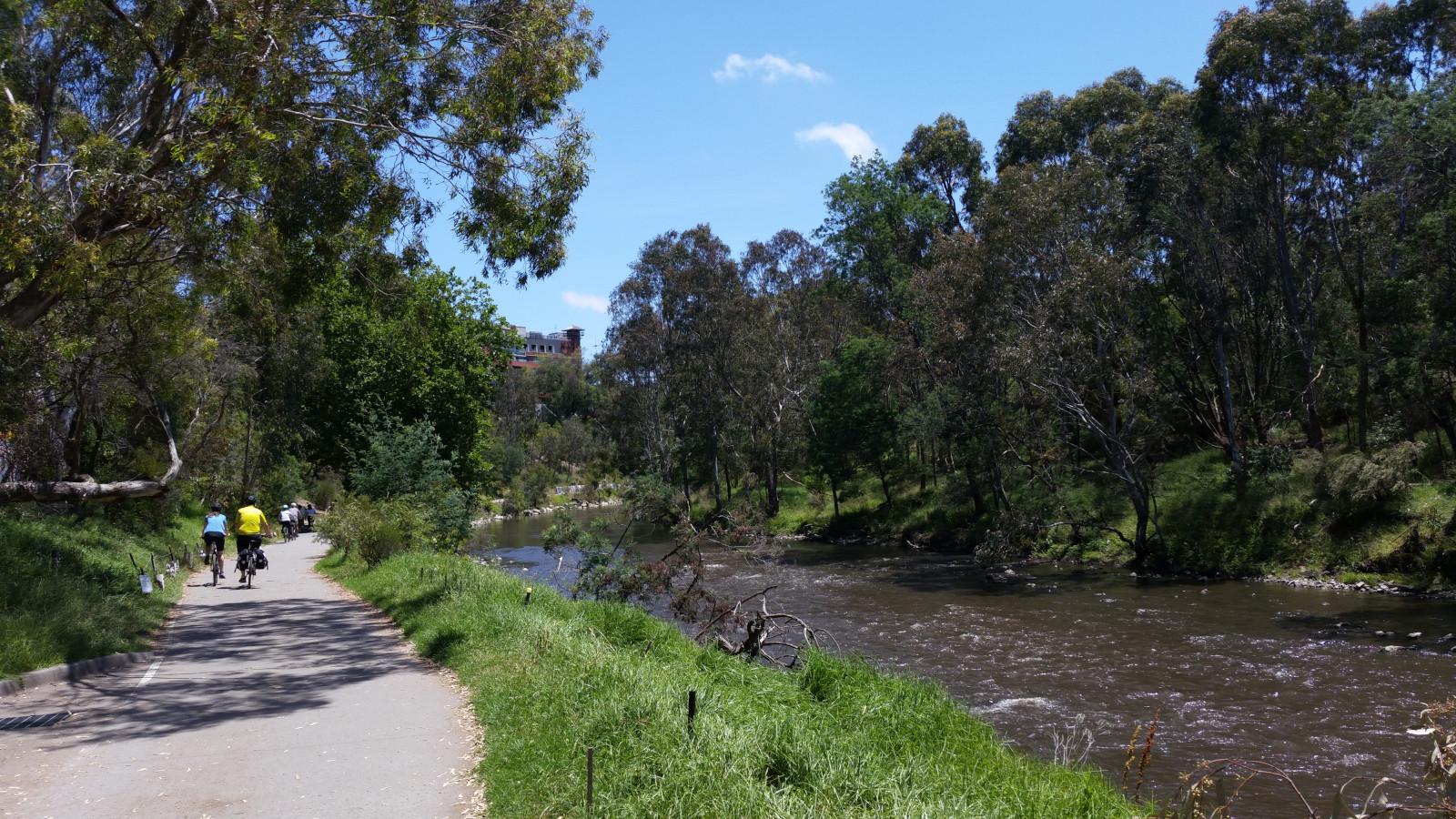 Rapids along a section of the Yarra River and a cycle path on the left bank. In the distance the river bends rightwards, and quite high above the bend sits a very modern building with some sort of observation tower on its projecting corner.