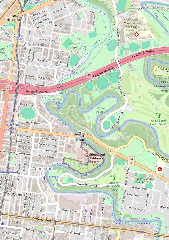Screenshot from openstreetmap.org, showing an area of Melbourne bounded by Clifton Hill Junction at top left and the Victoria St. bridge over the Yarra River at bottom right.