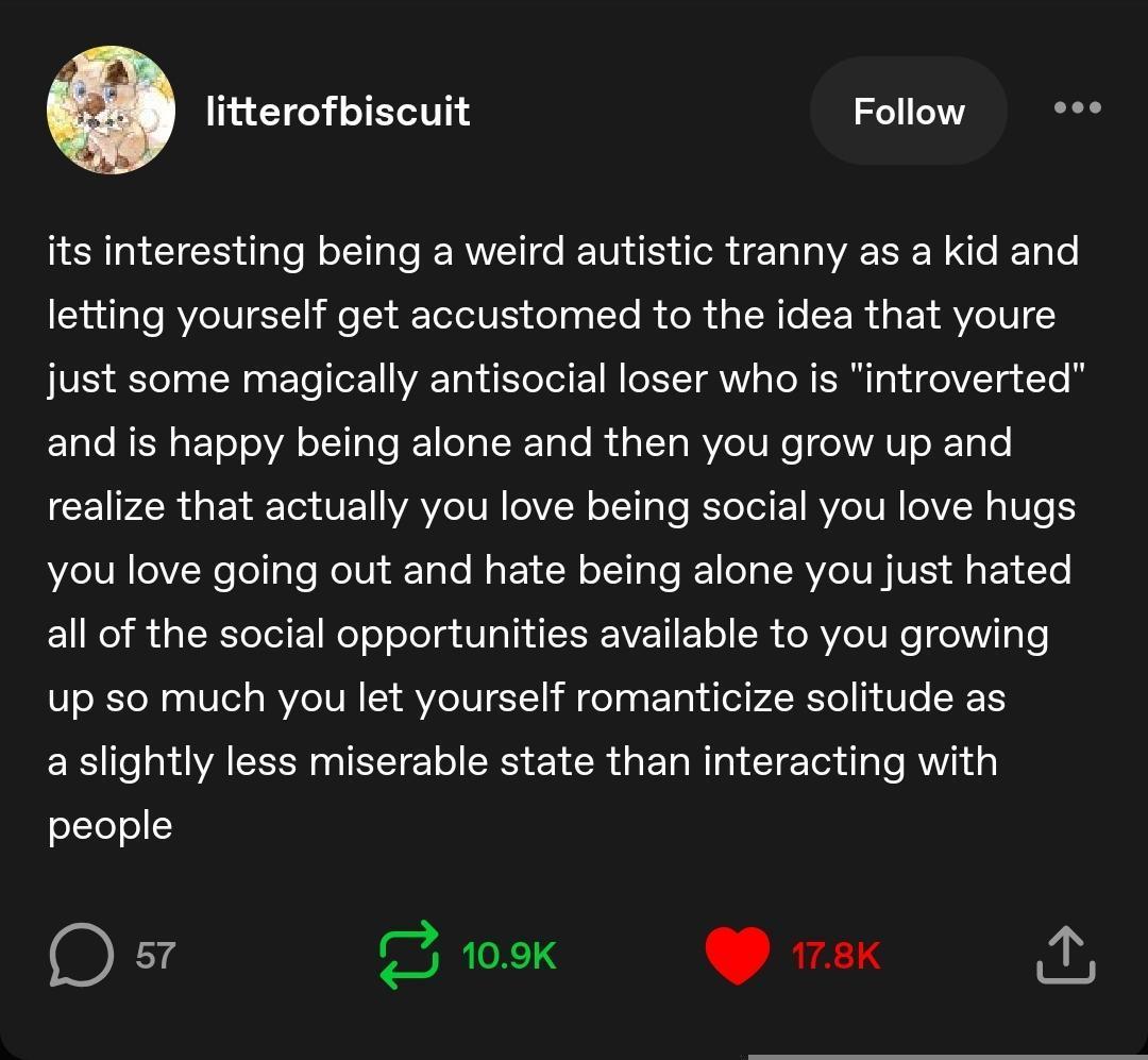 Secreenshot of a post from somewhere on the Web: "its interesting being a weird autistic tranny as a kid and letting yourself get accustomed to the idea that youre just some majically antisocial loser who is "introverted" and is happy being alone and the you grow up and realise that actually you love being social you love hugs you love going out and hate being alone you just hated all of the social opportunities available to you growing up so much you let yourself romantacize solitude…"